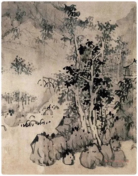 蓝瑛水墨山水画《秋山幽居图》_06