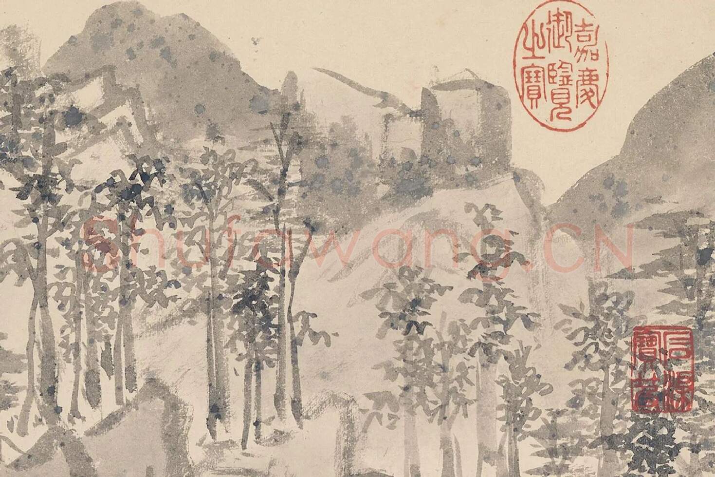 陈淳山水画《层岩丛木图》局部 (1)