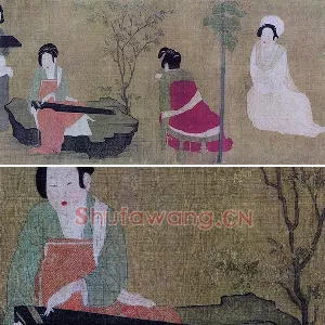 周昉仕女人物画《调琴啜茗图（弹琴仕女图）》