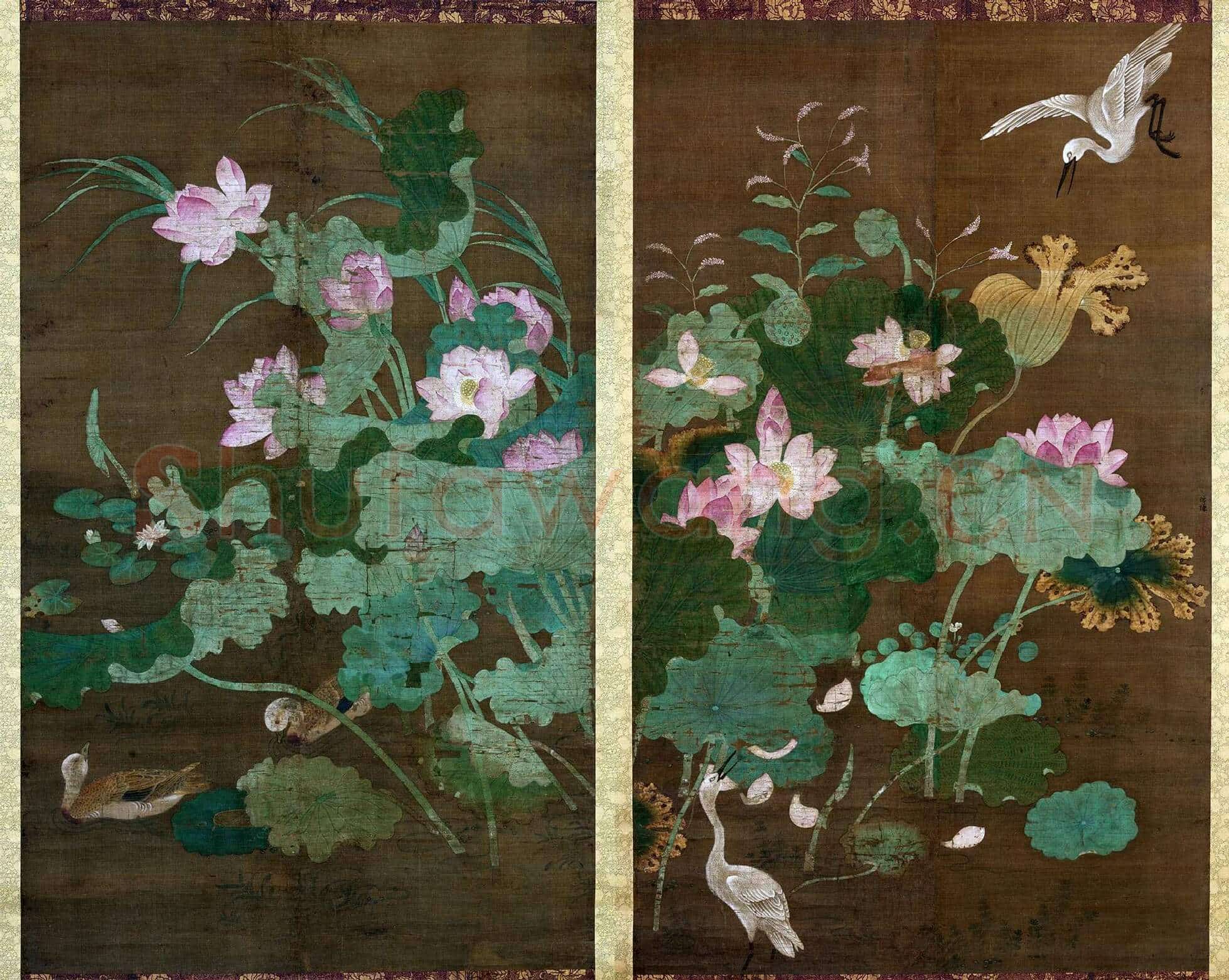 顾德谦《步莲池水禽图》对轴