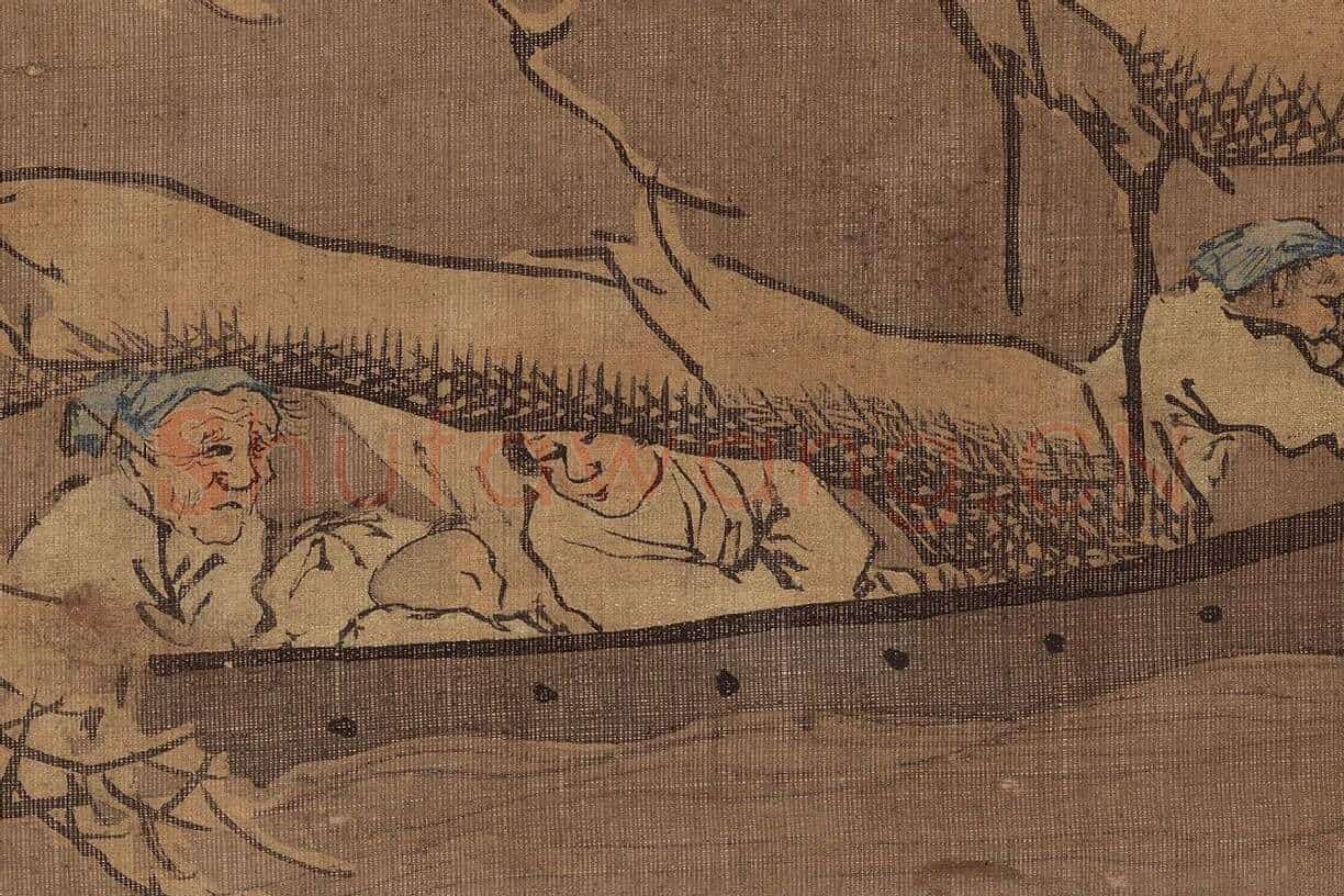 朱邦山水画人物画《寒江渔村图》高清大图局部细节 (1)