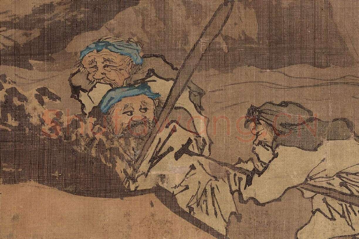 朱邦山水画人物画《寒江渔村图》高清大图局部细节 (2)