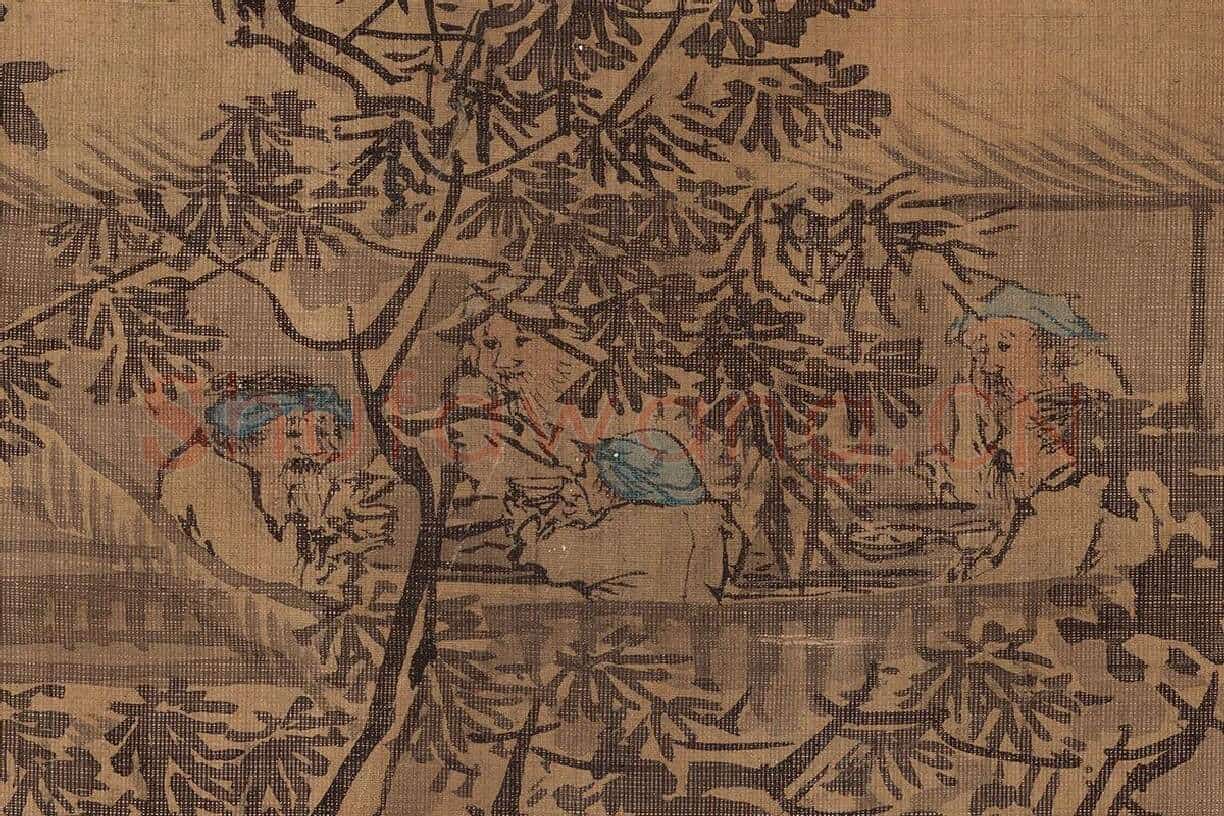 朱邦山水画人物画《寒江渔村图》高清大图局部细节 (3)