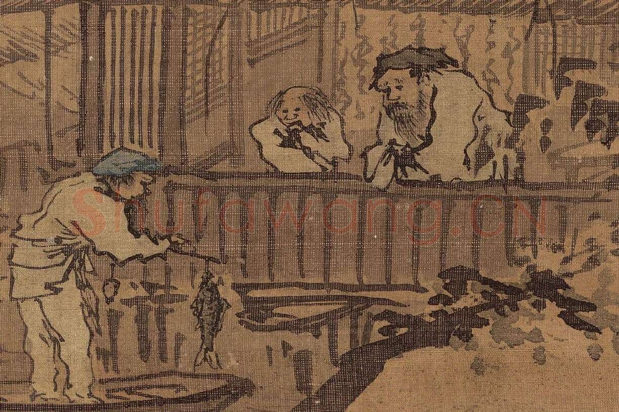 朱邦山水画人物画《寒江渔村图》高清大图局部细节 (4)