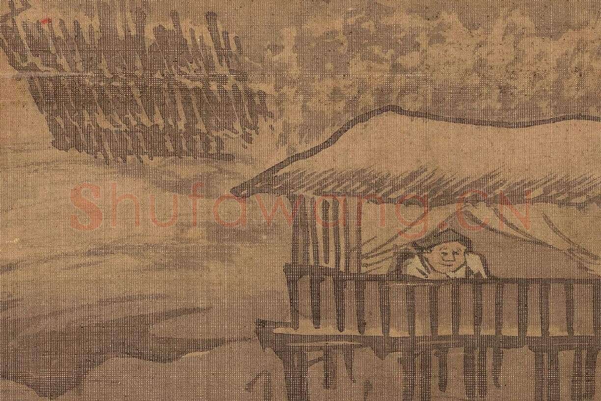 朱邦山水画人物画《寒江渔村图》高清大图局部细节 (6)