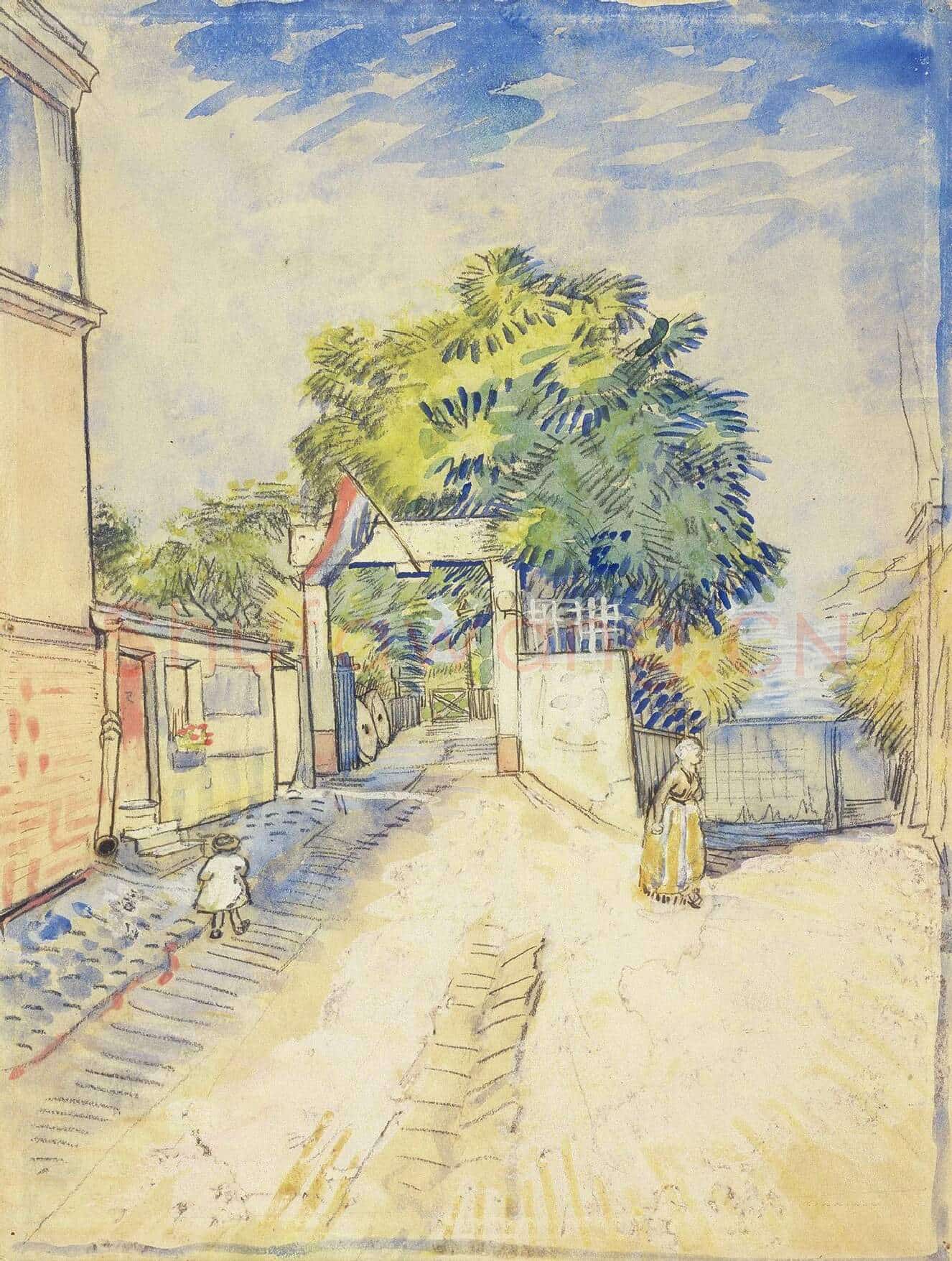 梵高水彩画风景《Entrance to the Moulin de la Galette》