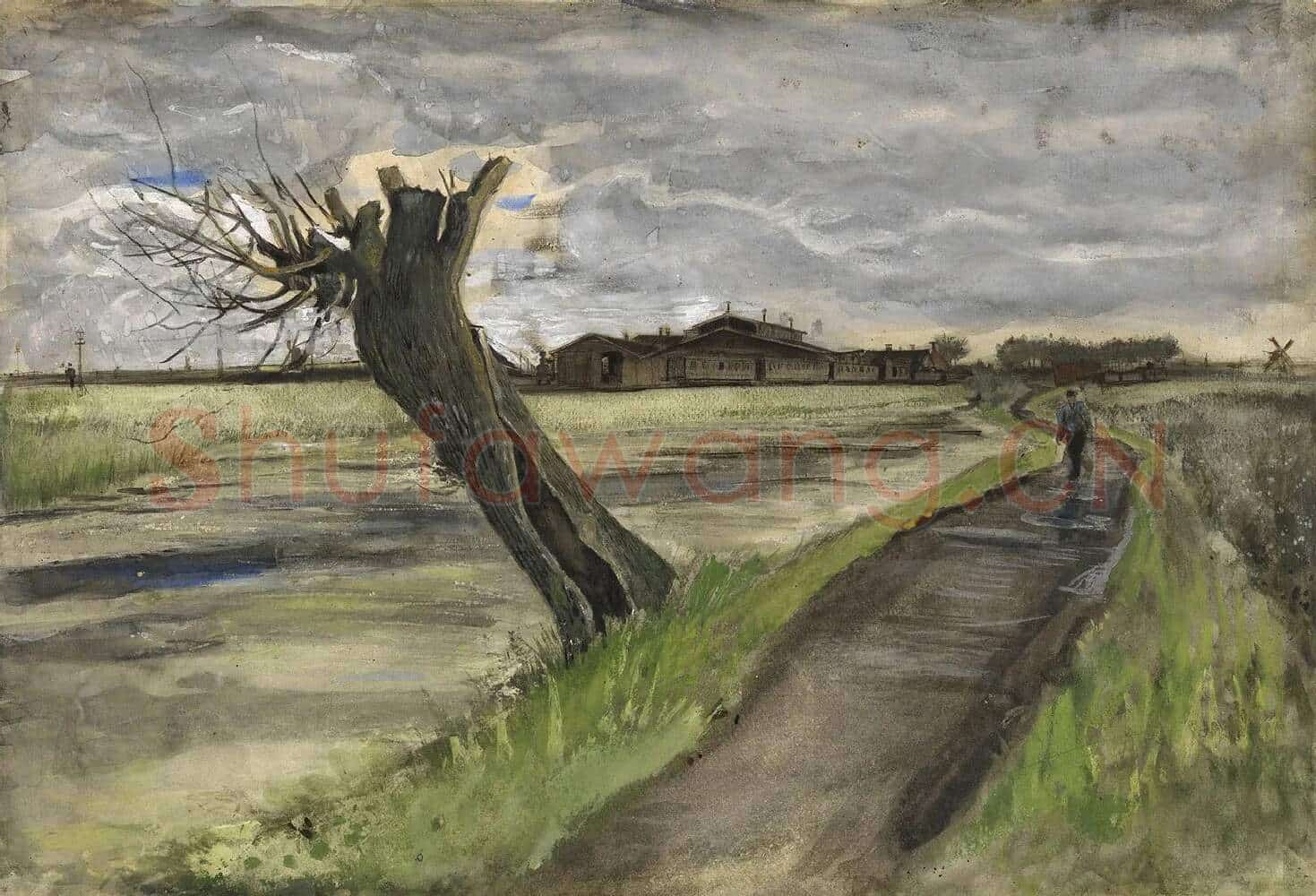 梵高水彩画《乡村的道路与柳树桩》