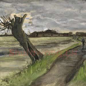 梵高水彩画《乡村的道路与柳树桩》