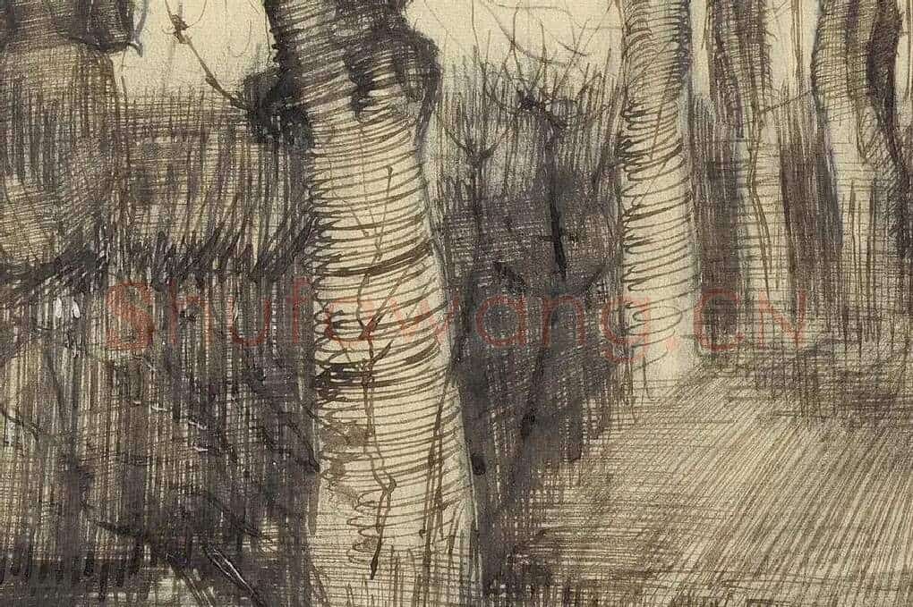 梵高素描风景《Pollard Birches》局部 (1)
