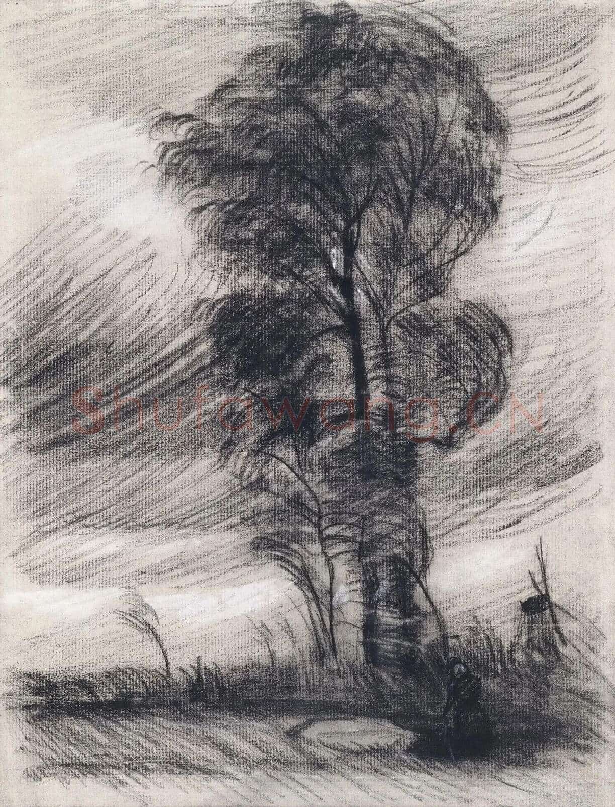 梵高素描风景《狂风中的大树》高清大图