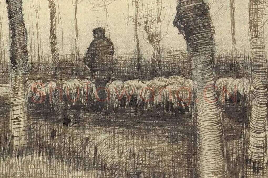 梵高素描风景《Pollard Birches》局部 (3)
