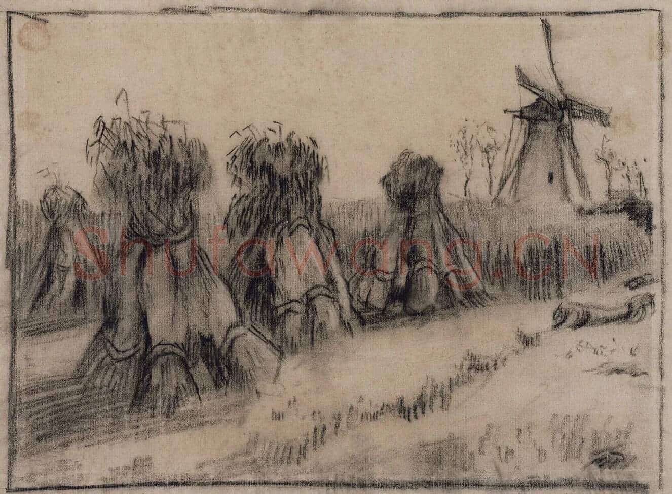 梵高素描风景作品《带有草捆和风车磨坊的麦田》