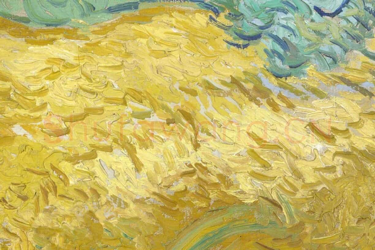 梵高油画风景作品《麦田的柏树》高清大图局部细节 (1)