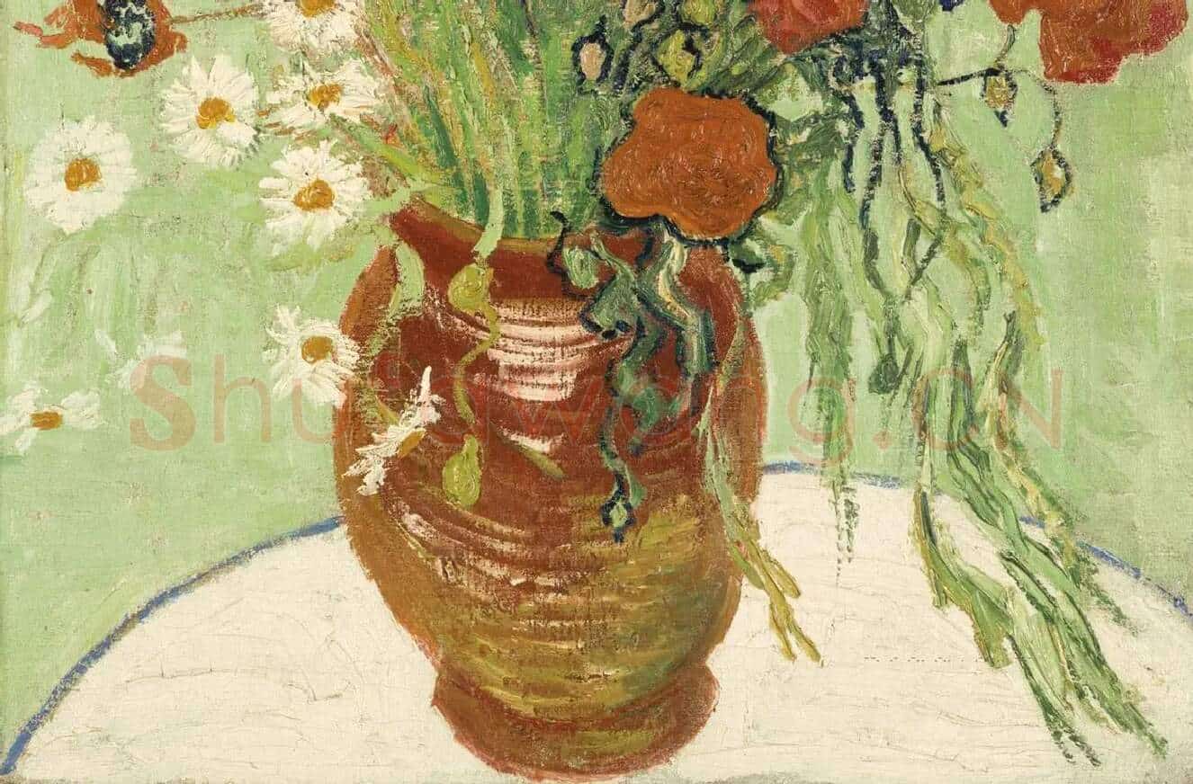 梵高花卉画作品《红色罂粟和雏菊》_02