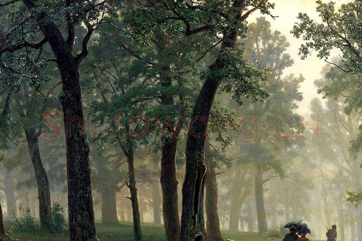 希施金油画风景《橡树林中的雨》局部 (2)