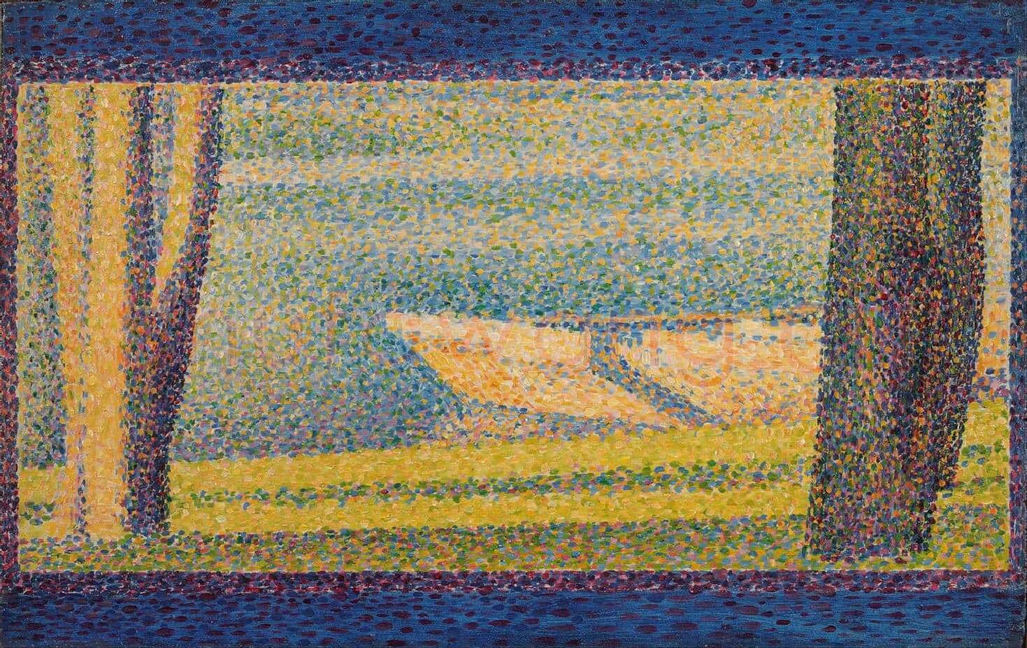 乔治·修拉点彩画作品《停泊的船和树 》