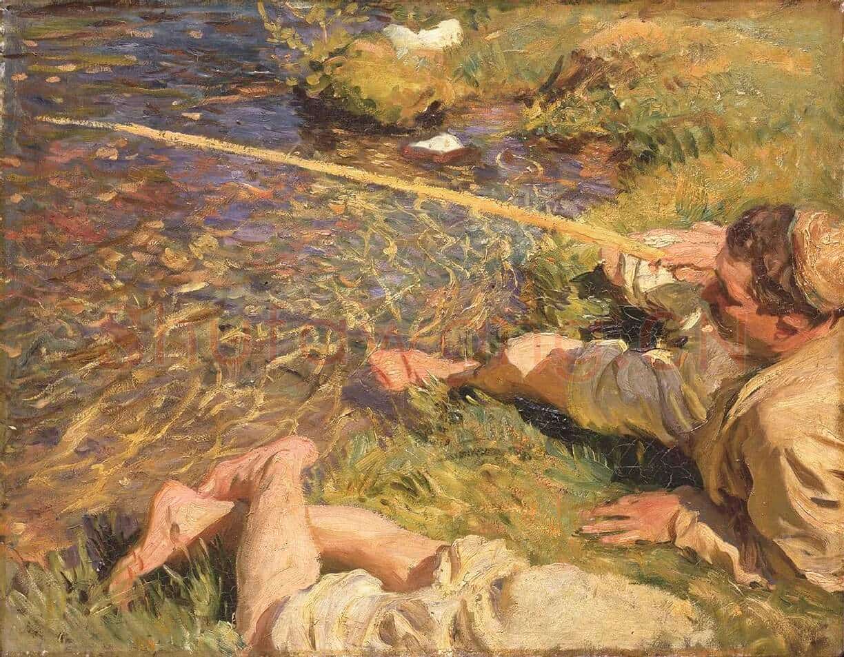 萨金特印象派风格油画作品《钓鱼的男人》