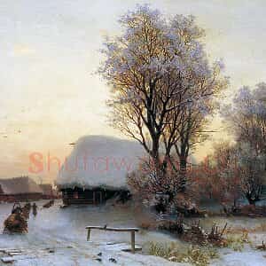 希施金作品 油画冬天的村庄、房屋、大树与雪地、雪橇风景