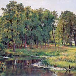 希施金写实风景油画 公园池塘边的草地与树林