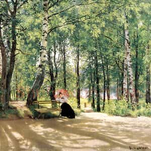 希施金油画风景 在树林乘凉的女人